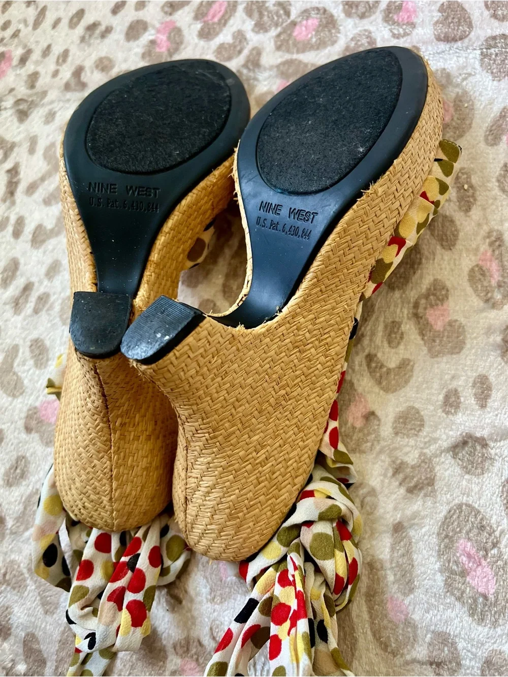 Retro Nine West Cream Espadrille Wedges with Red, Black and Olive Polka Dots